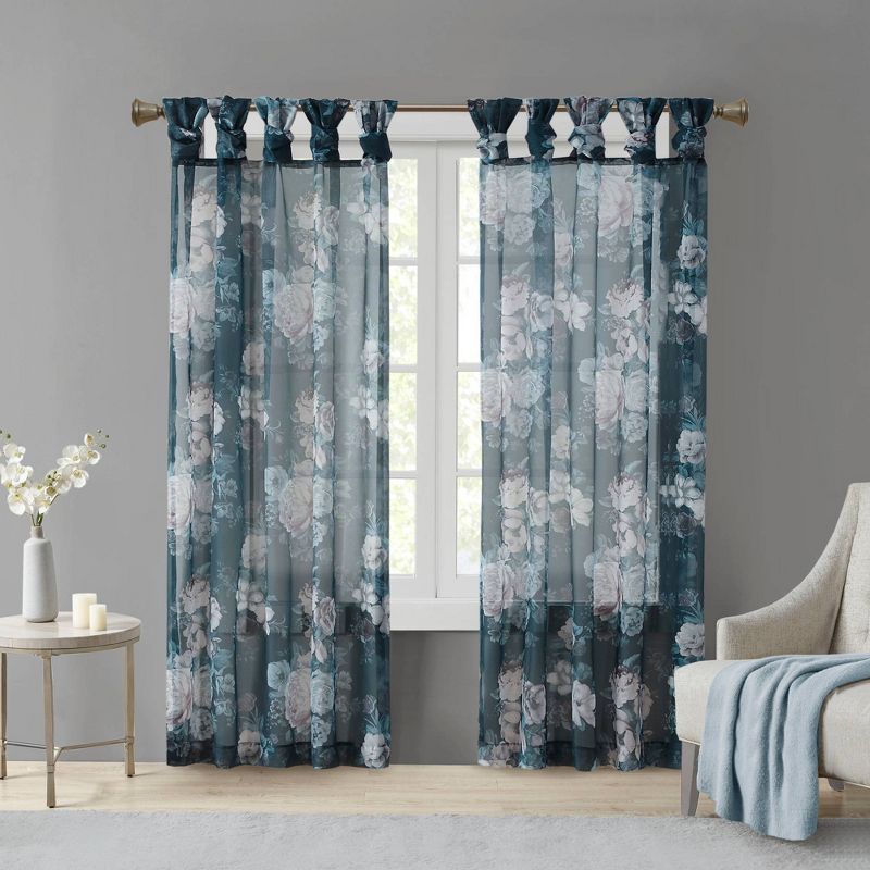 Navy Floral Twist Tab Top Sheer Polyester Curtain Panel