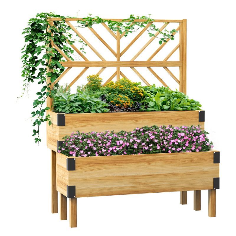 Natural Wood 2-Tier Raised Garden Bed with Trellis