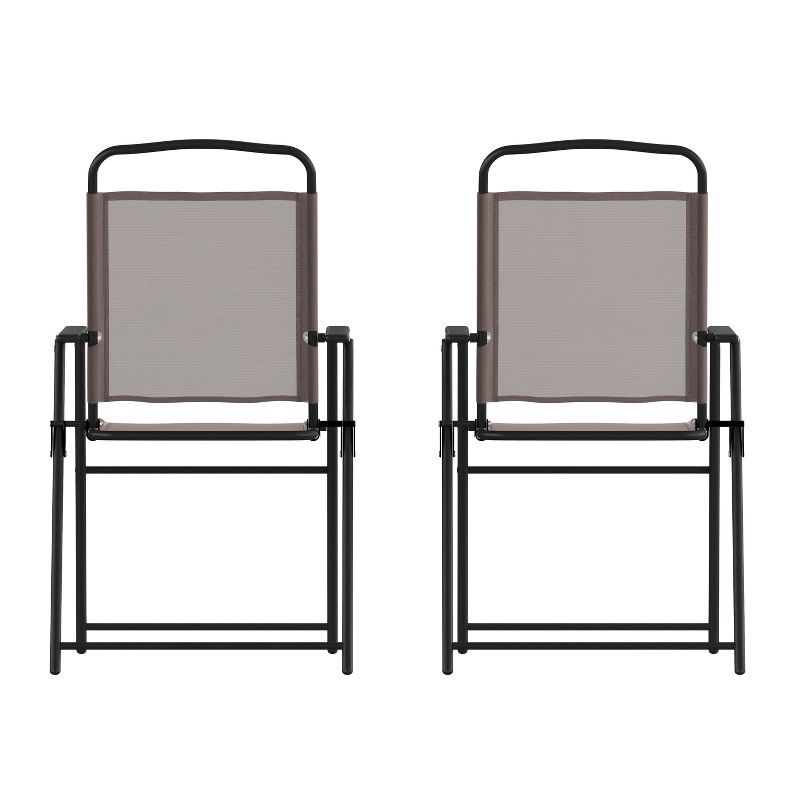 Set of 2 Brown Textilene Folding Patio Sling Chairs with Armrests