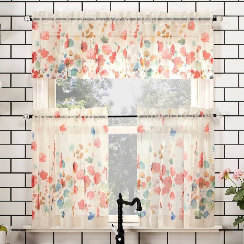 Poppy Red Watercolor Floral Sheer Rod Pocket Kitchen Curtain Set