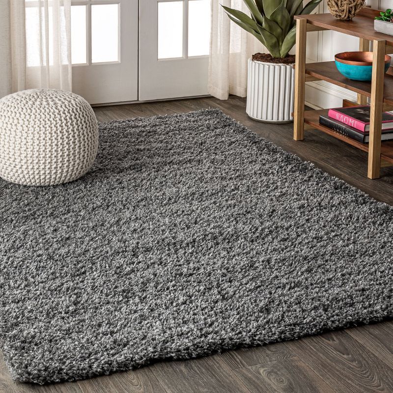 Charcoal Plush Shag Rectangular Area Rug with Tassel Design