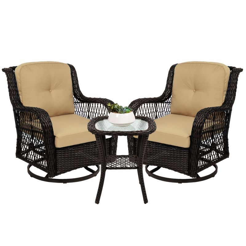 Beige Wicker 3-Piece Patio Bistro Set with Swivel Rocking Chairs