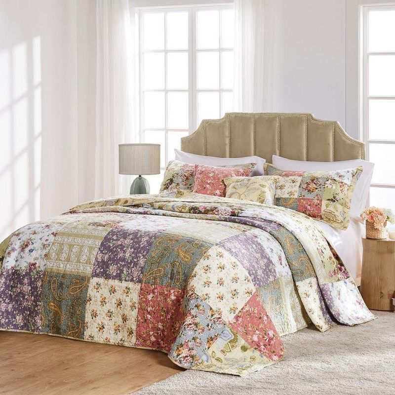 Full Blue Cotton Reversible Patchwork Bedspread Set