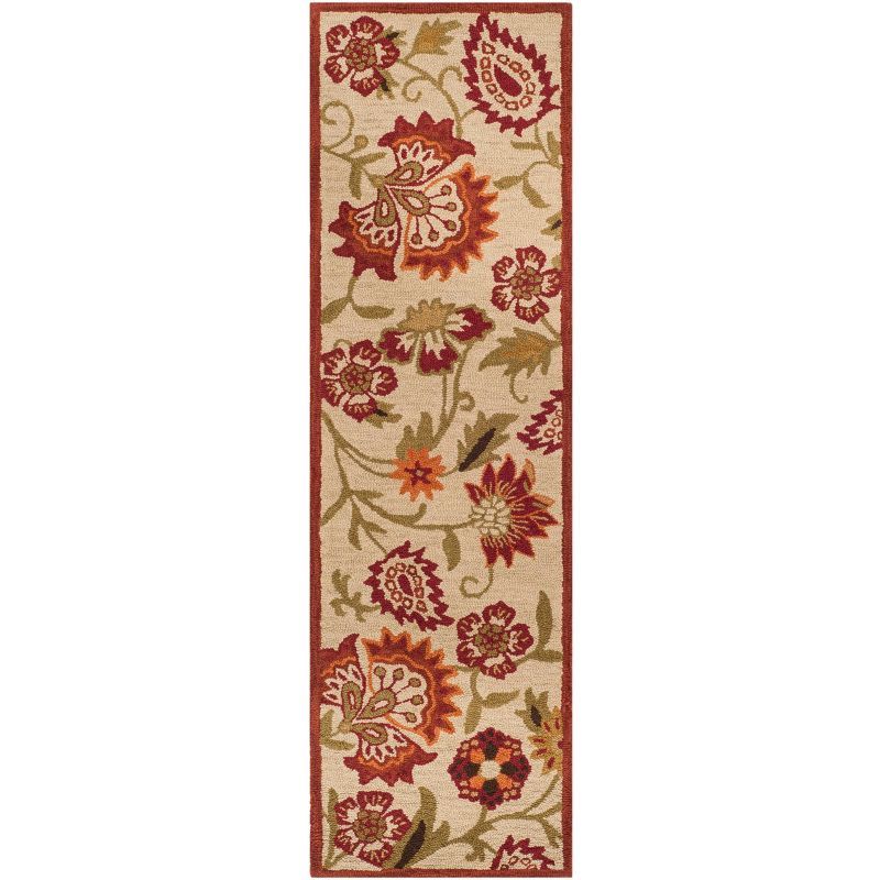 Ivory and Red Floral Wool Runner Rug
