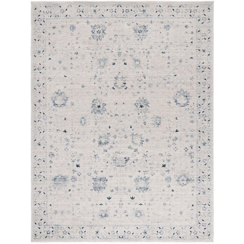 Ivory and Blue Distressed Polyester Area Rug 9' x 11'6"