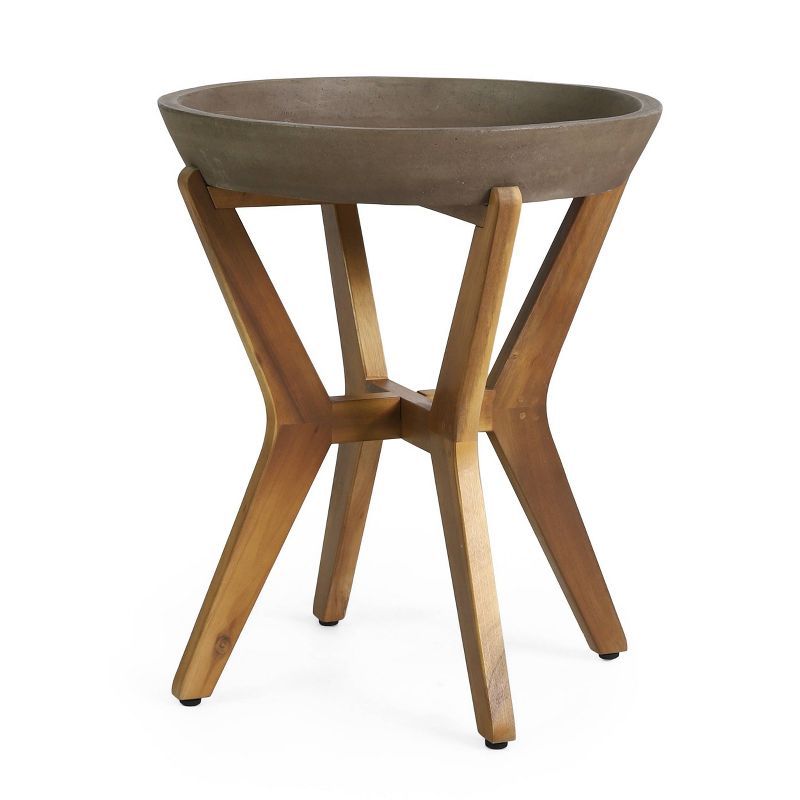 Teak and Light Gray Round Concrete Top Patio Side Table