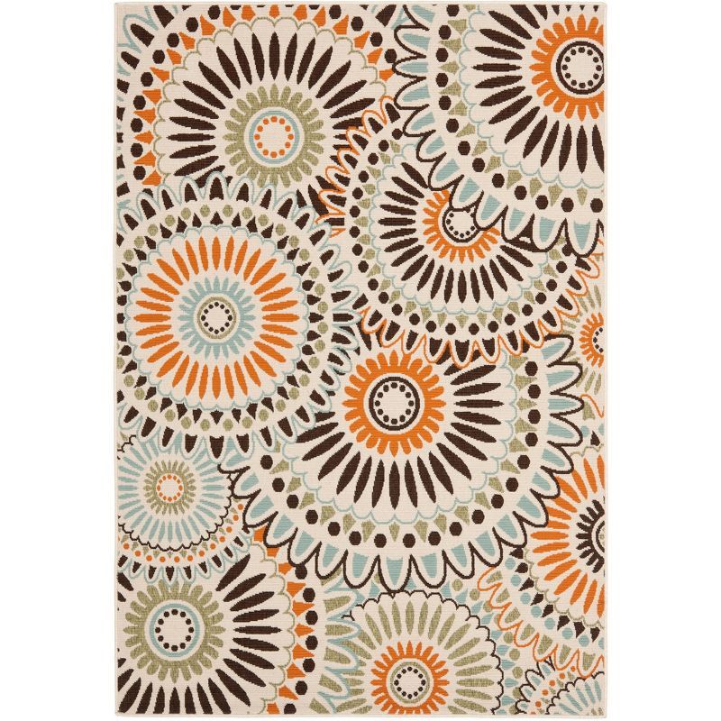 Cream and Chocolate Floral Synthetic Indoor/Outdoor Rug