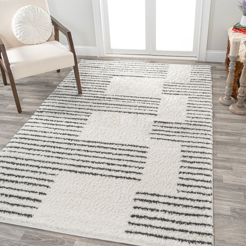 8' x 10' White and Black Stripe Shag Area Rug