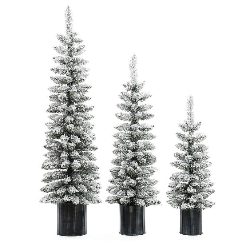 Set of 3 Snow-Flocked PVC Christmas Trees with Metal Pots