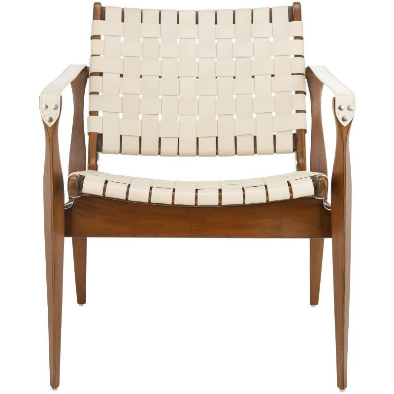 Cream and Mahogany Woven Leather Safari Accent Chair