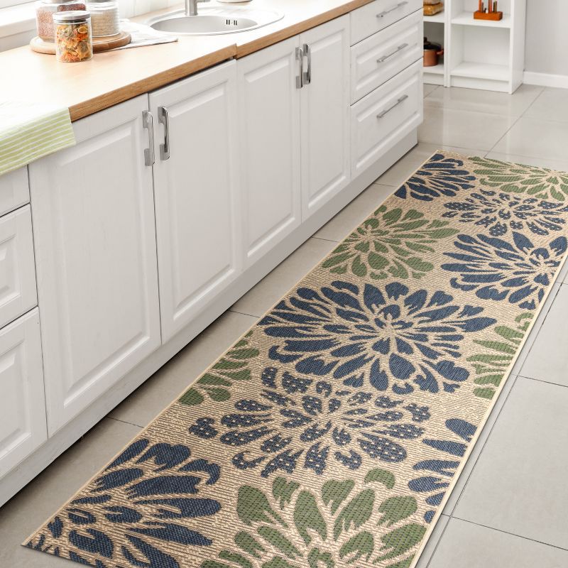 Navy & Green Zinnia Floral Textured Weave 2'x8' Indoor/Outdoor Rug