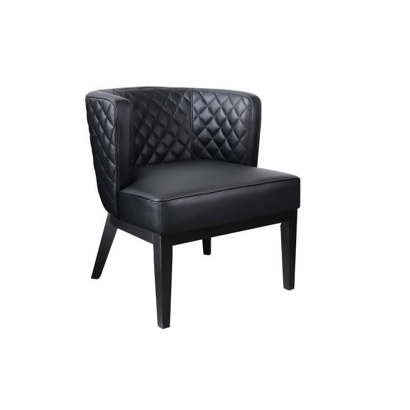 Elegant Quilted Black Leather Barrel Accent Chair with Wood Base