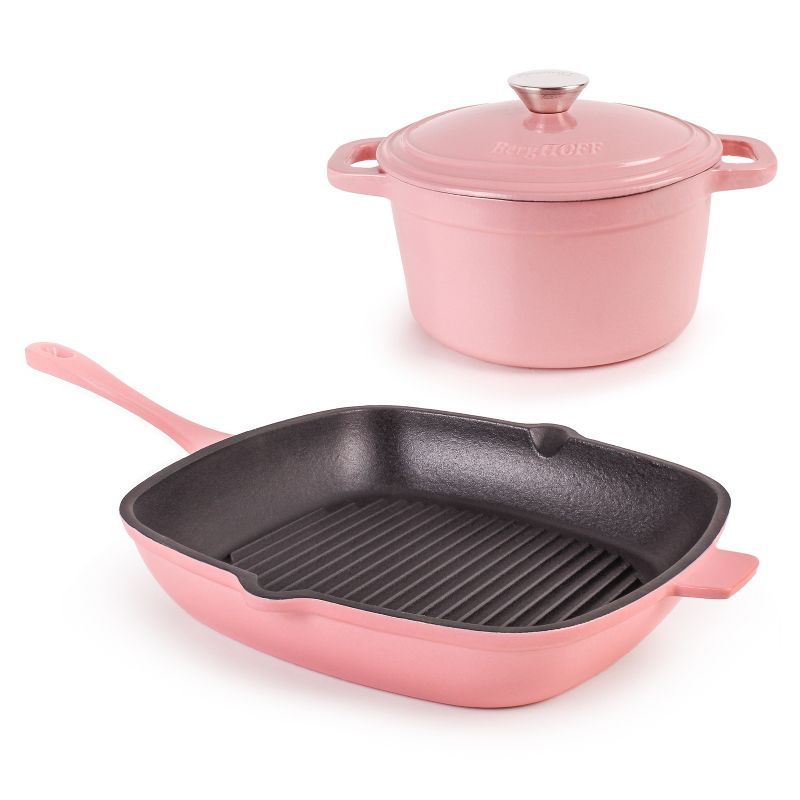 Pink Enameled Cast Iron 3-Piece Cookware Set with Grill Pan and Dutch Oven