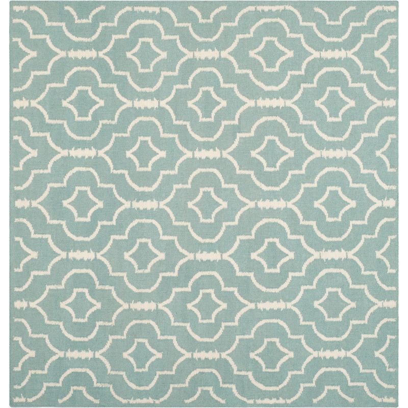 Light Blue and Ivory Wool Geometric Square Rug