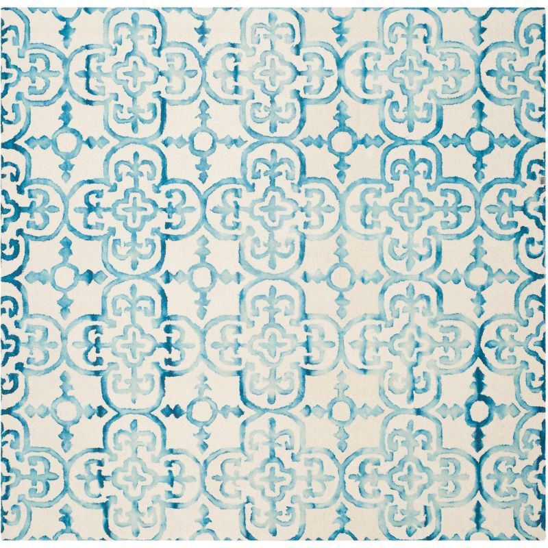 Ivory Turquoise 7' Square Hand-Tufted Wool Rug