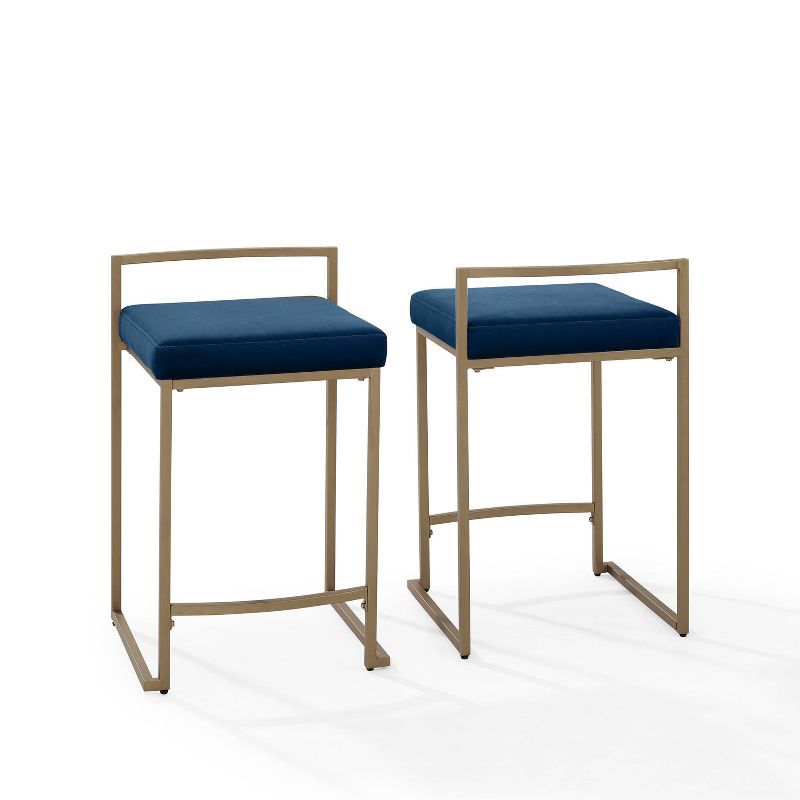 Dark Blue Velvet and Gold Steel Counter Stools, Set of 2