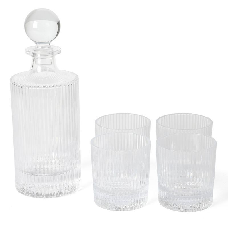 Clear Ribbed Glass Decanter and 4 Lowball Glass Set