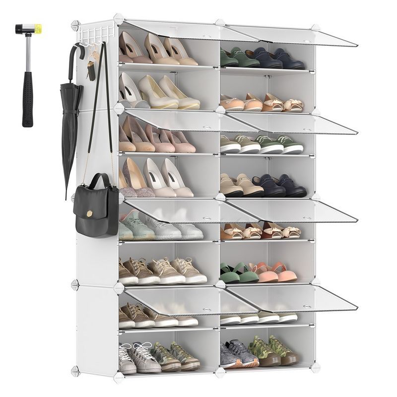 White Plastic and Metal 8-Cube Shoe Organizer with Doors