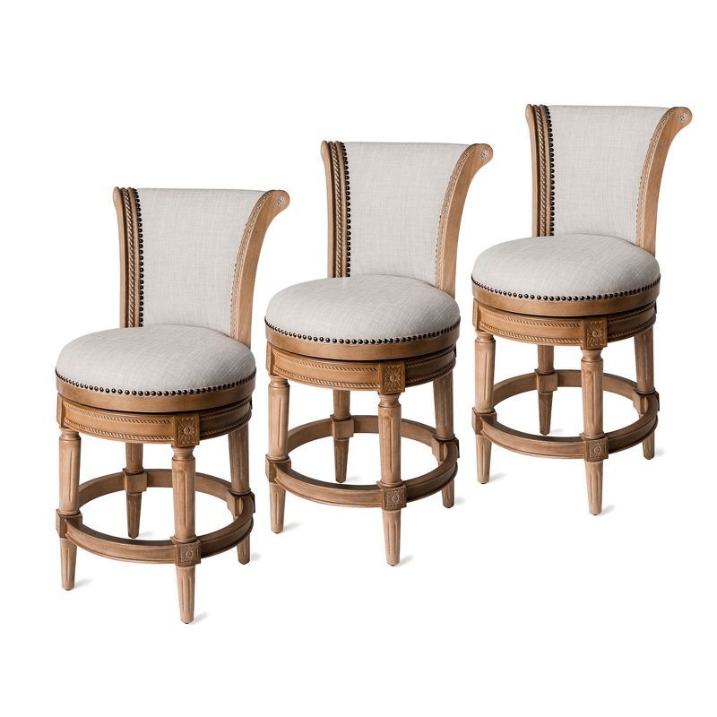 Weathered Oak Swivel Counter Stools with Upholstered Seats, Set of 3