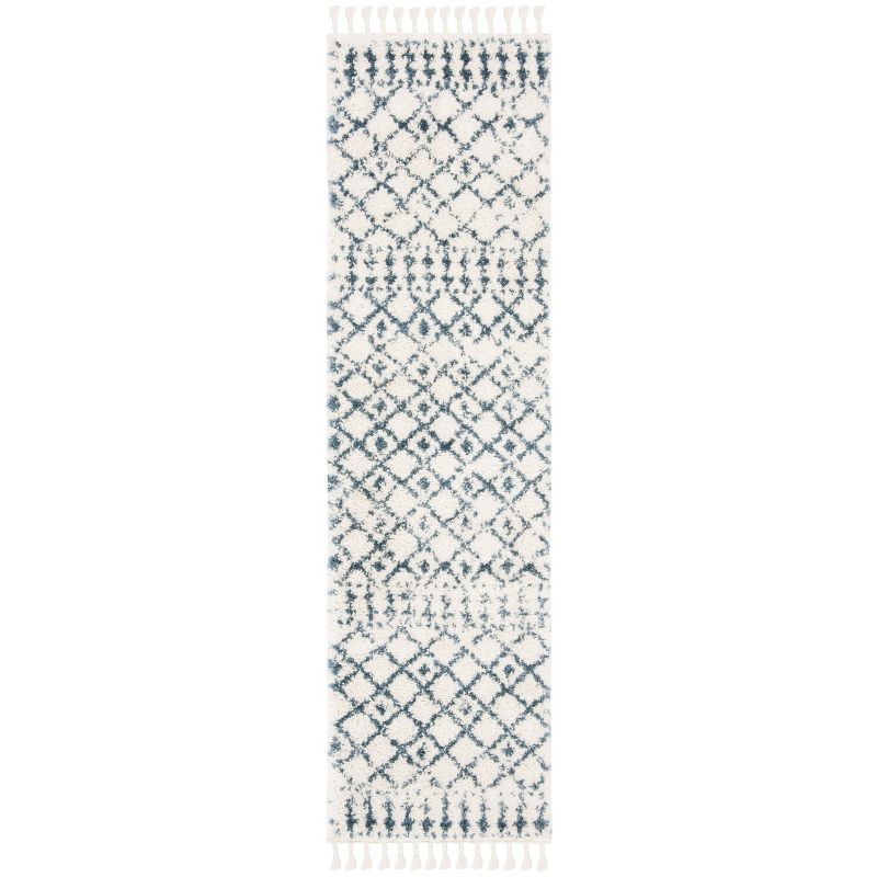 Bohemian Cream/Blue Synthetic Shag Runner Rug 2'2" x 10'