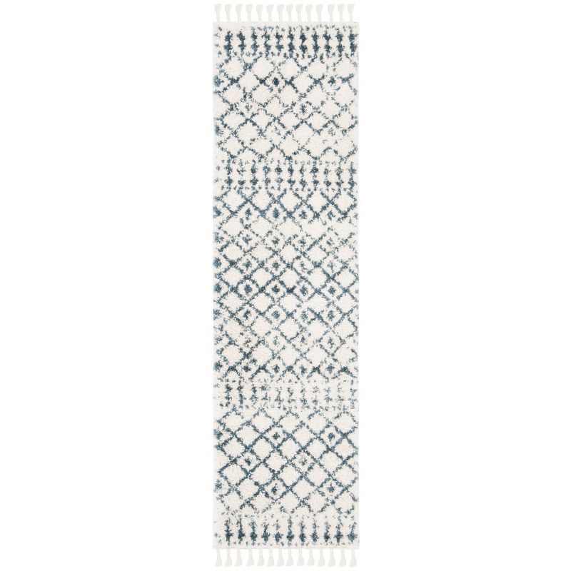 Bohemian Cream/Blue Synthetic Shag Runner Rug 2'2" x 10'