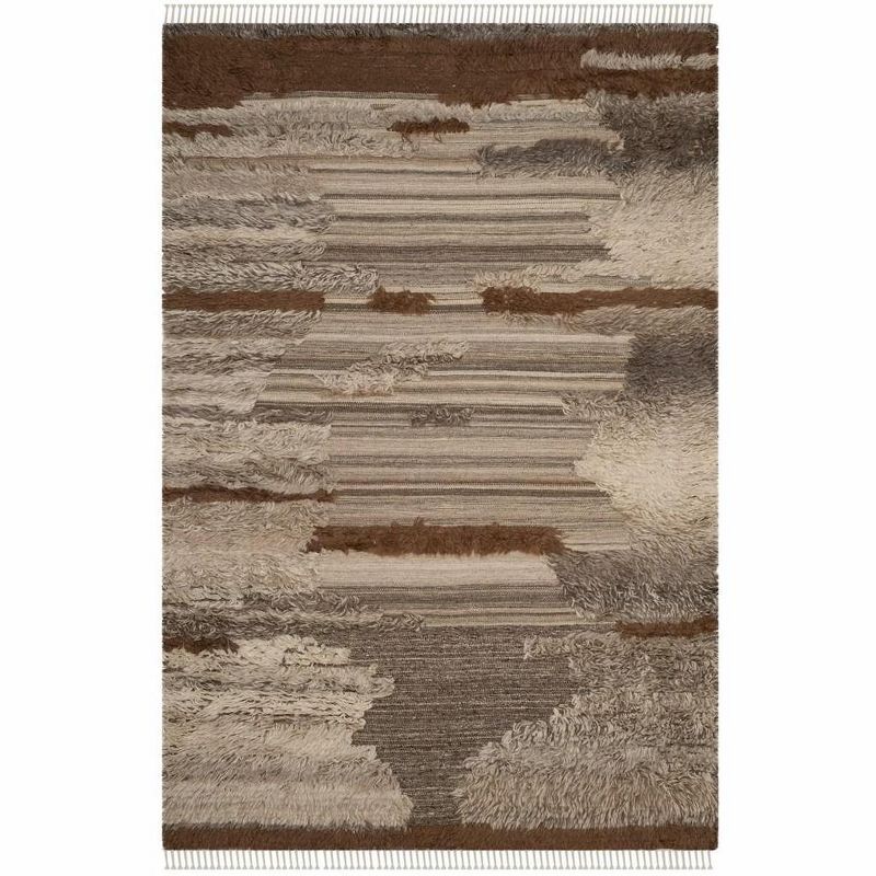 Gray and Brown Hand-Knotted Wool Rectangular Rug, 6' x 9'