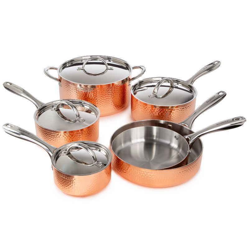 Vintage Hammered Copper and Stainless Steel 10-Piece Cookware Set