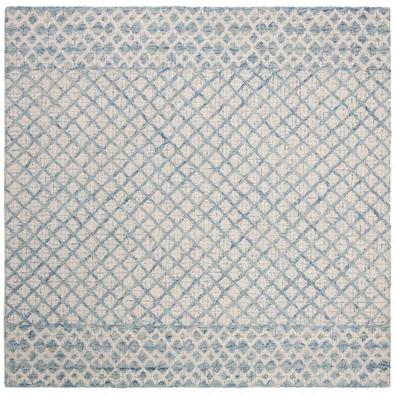 Handmade Tufted Wool Abstract Square Rug - Blue and Ivory, 4' x 4'