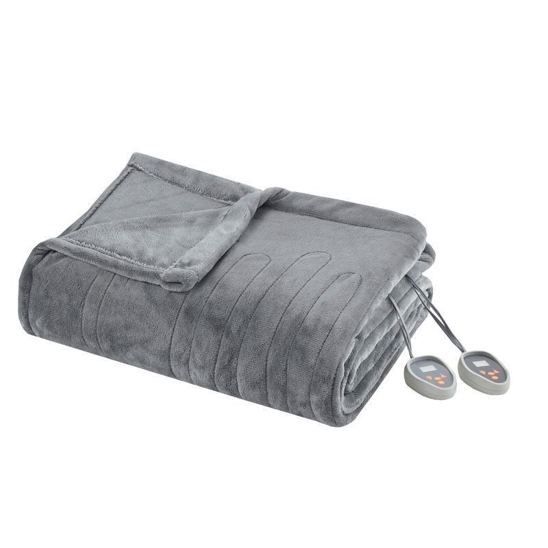 Twin Gray Plush Electric Heated Blanket with Controllers