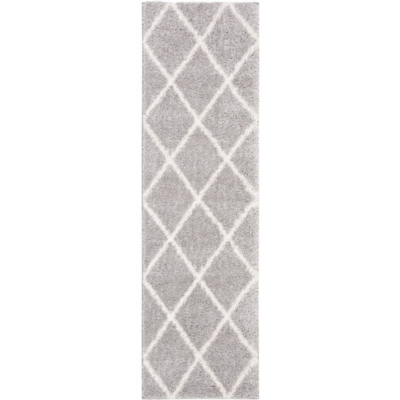 Grey and Cream Geometric Shag Runner Rug, 2'3" x 11', Synthetic
