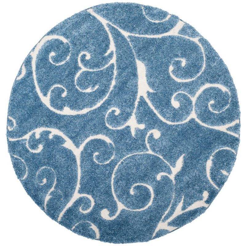 Light Blue and Cream Round Floral Shag Area Rug