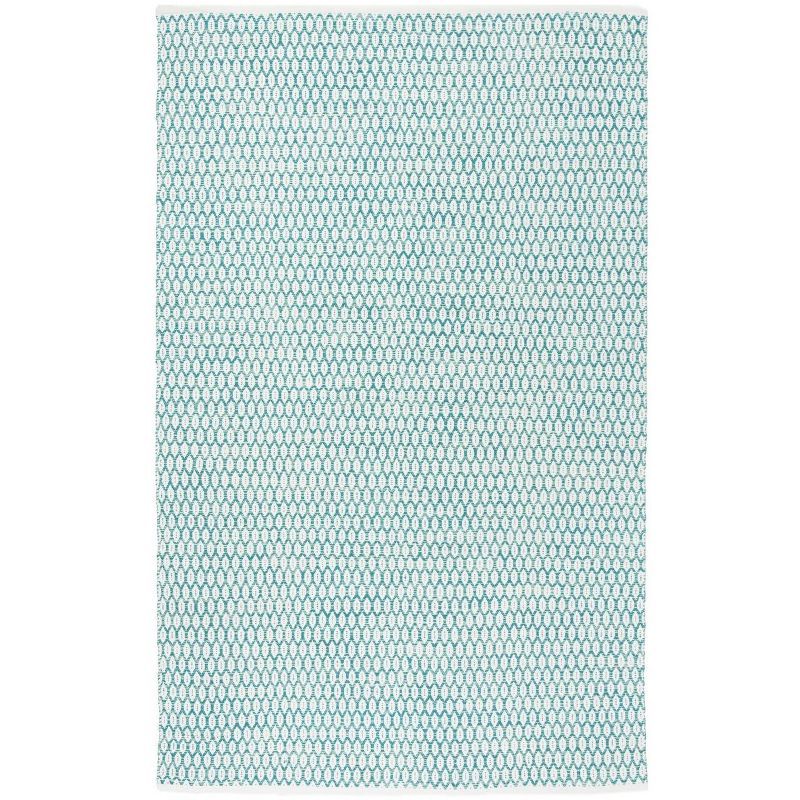 Aqua and Ivory Handwoven Cotton Wool Area Rug, 5' x 8'