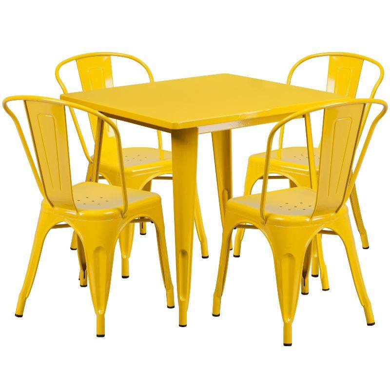 Bright Yellow Steel Square Dining Table Set with 4 Stackable Chairs