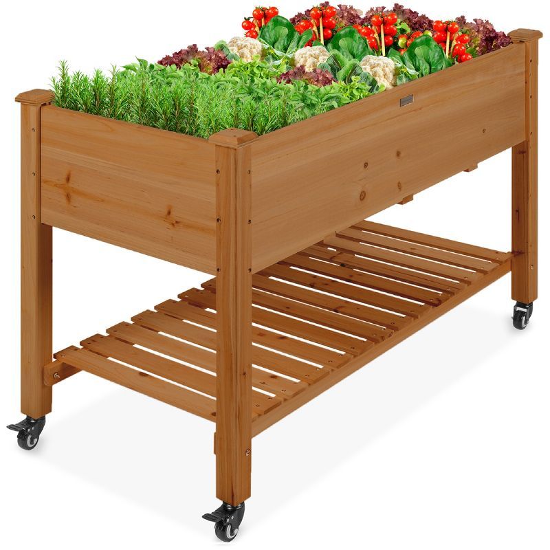 Acorn Brown Wood Mobile Elevated Garden Planter with Shelf