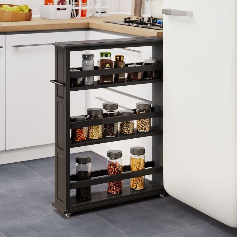 Black Slim Rolling Kitchen Cart with Handle and Storage