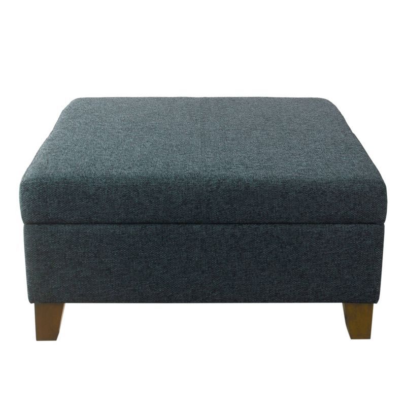 Navy Textured Fabric Square Storage Ottoman with Walnut Legs