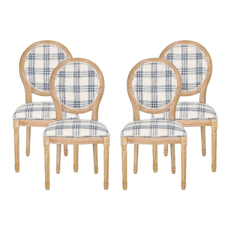 Set of 4 Dark Blue Plaid Upholstered Dining Chairs