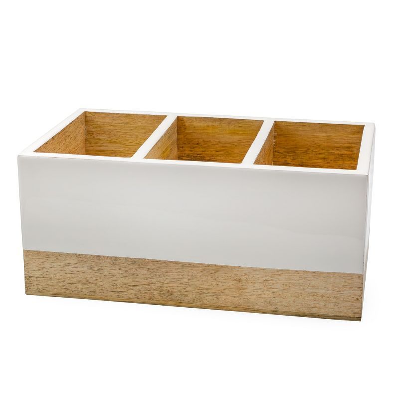 White and Natural Mango Wood 3-Compartment Utensil Holder