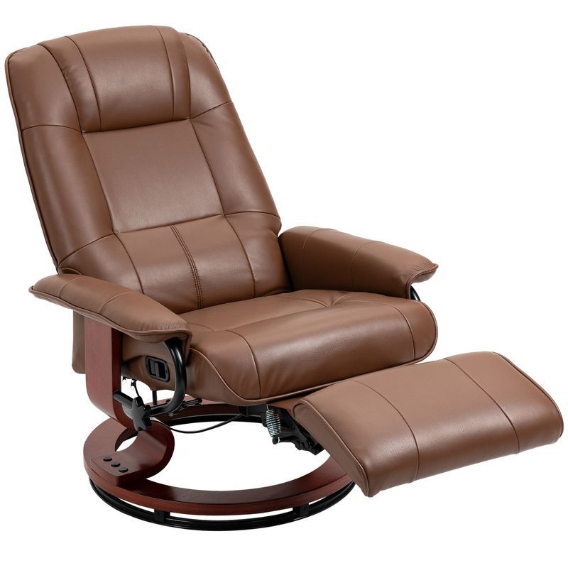 Brown Faux Leather Swivel Recliner with Wood Base