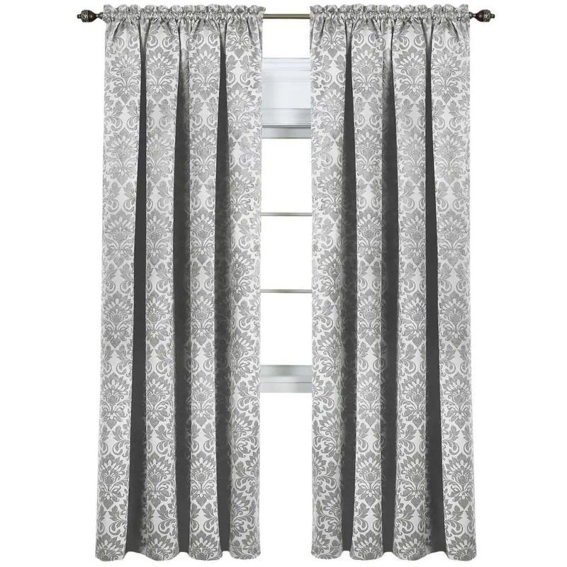 Silver Damask Design Blackout Rod Pocket Curtain Panels