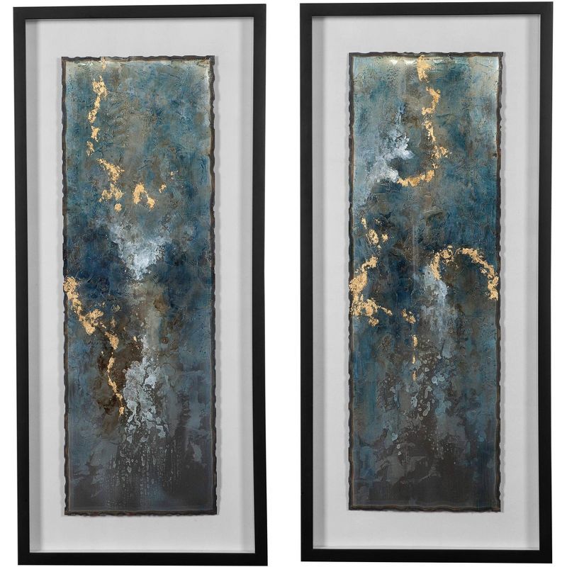 Glimmering Agate Blue and Gold Abstract Wall Art Set