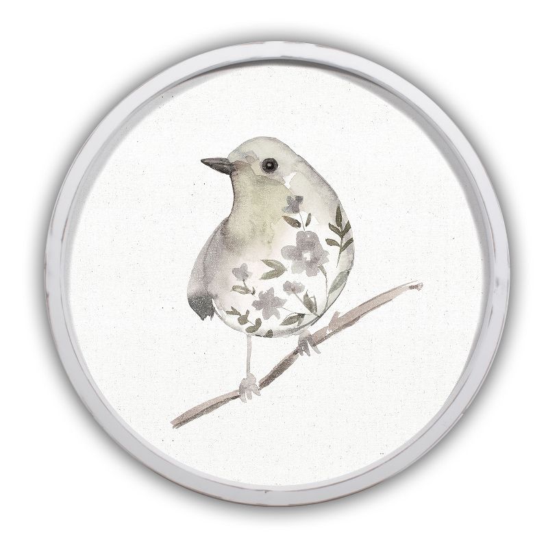 Neutral Sage Bird II 20" Round White Framed Print