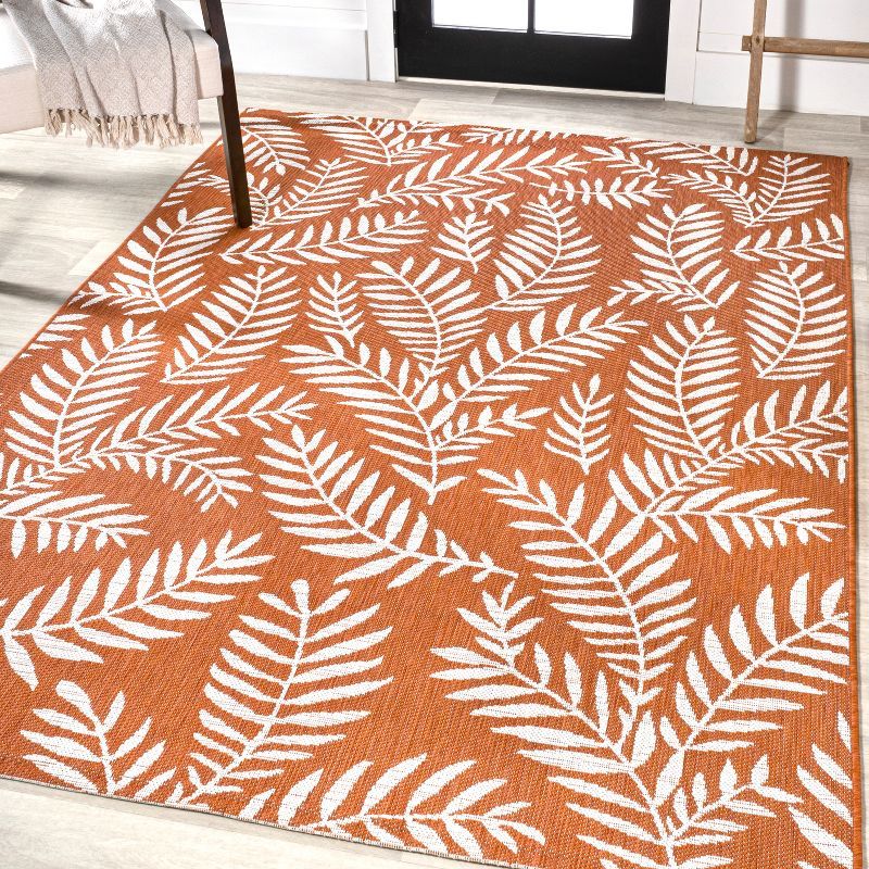 Tropical Palm Frond Orange/Cream 3' x 5' Easy-Care Indoor/Outdoor Rug