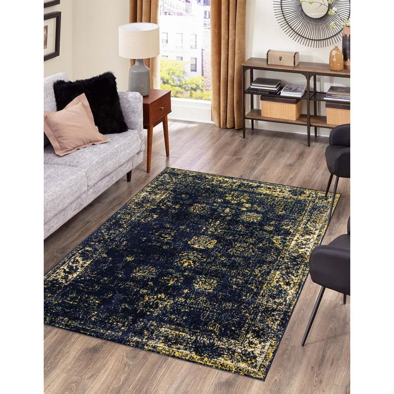 Navy Blue and Yellow Floral Motif Area Rug