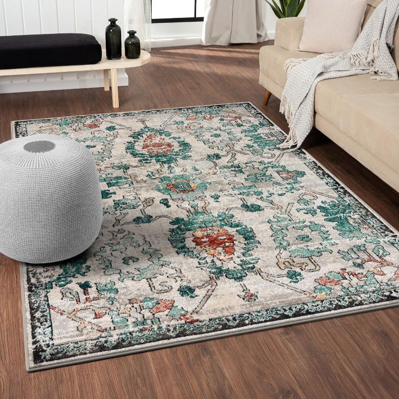 Green Floral Distressed 8' x 10' Synthetic Area Rug