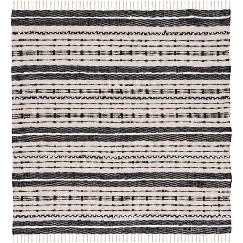 Boho-Chic Black and Beige Striped Kilim 6' Square Wool Rug