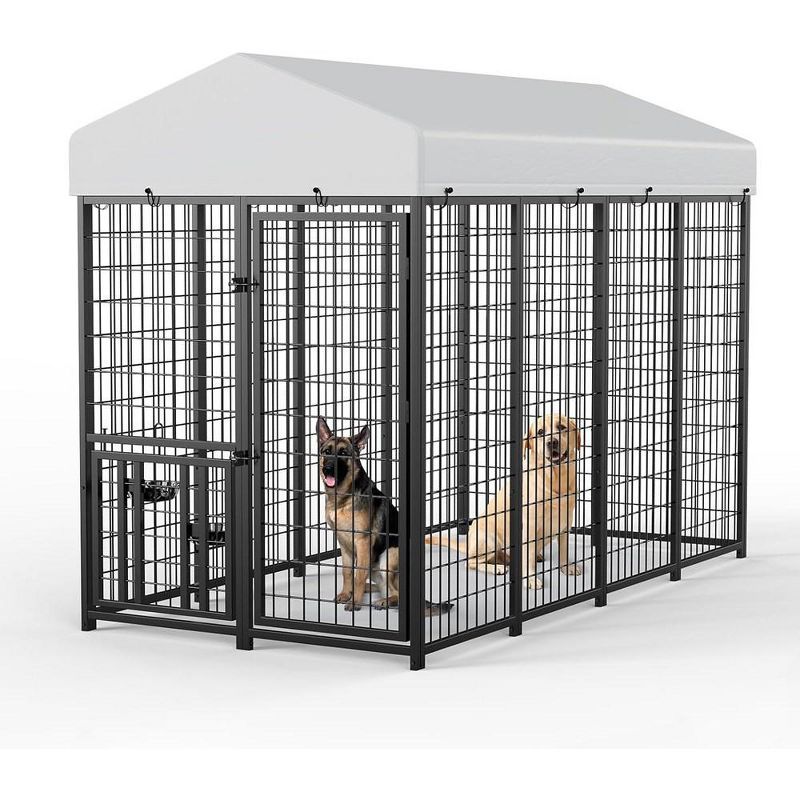 Large Black Metal Outdoor Dog Kennel with Roof Cover