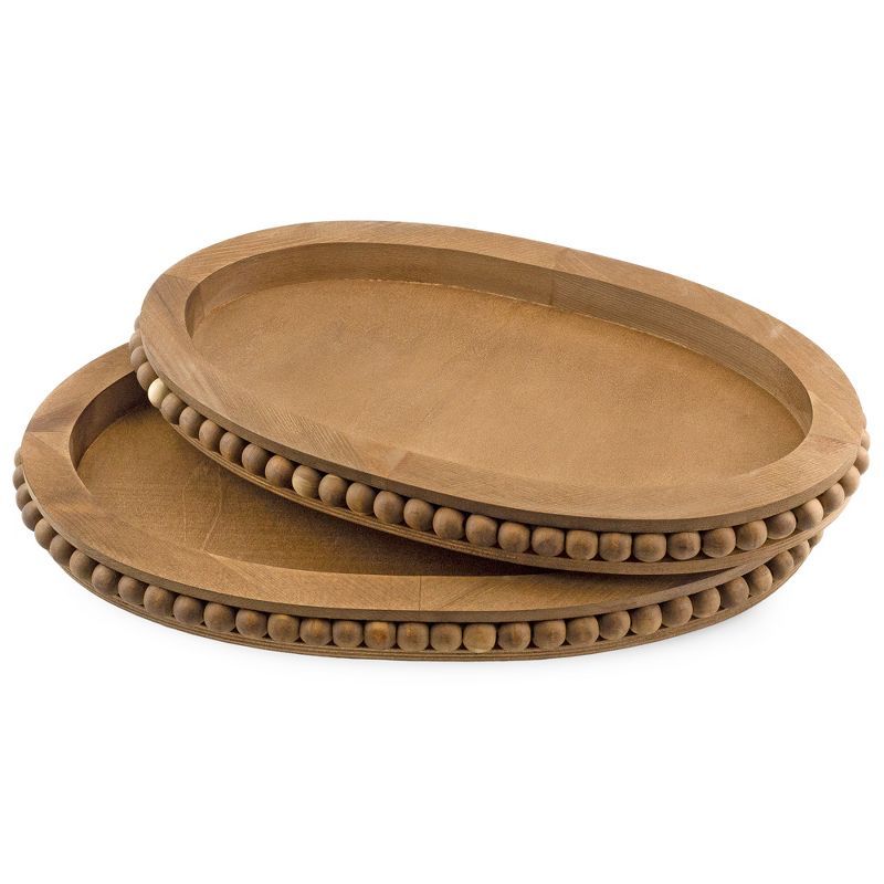 Antique Brown Beaded Oval Wooden Trays, Set of 2