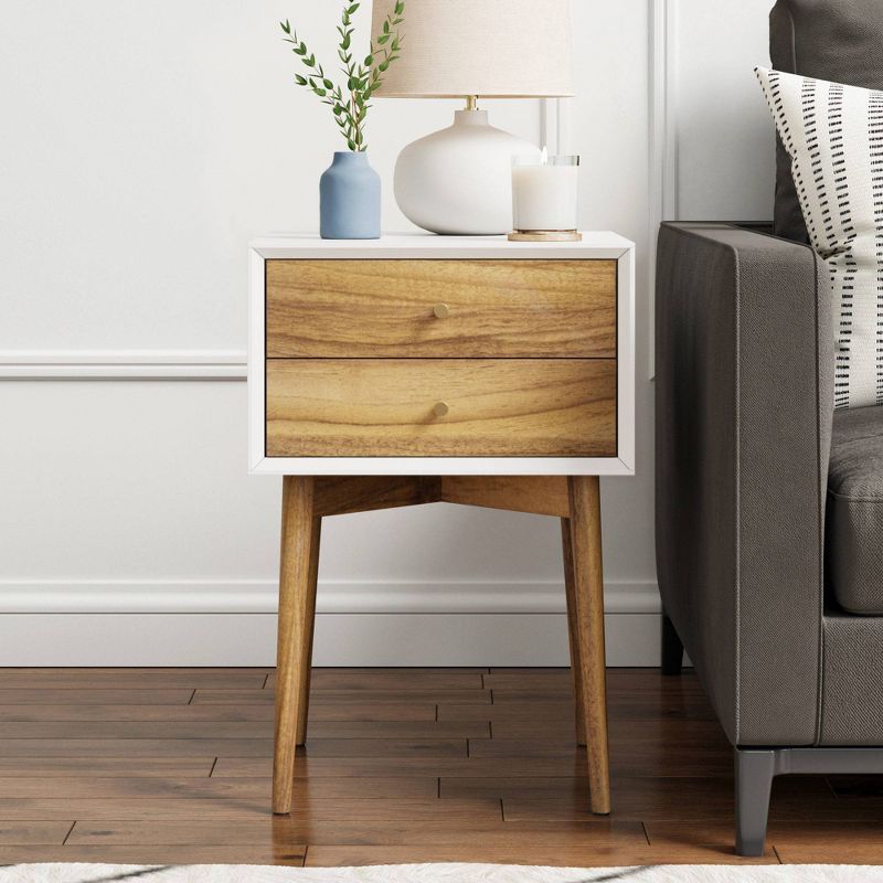 Harper Mid-Century White/Brown 2-Drawer Side Table