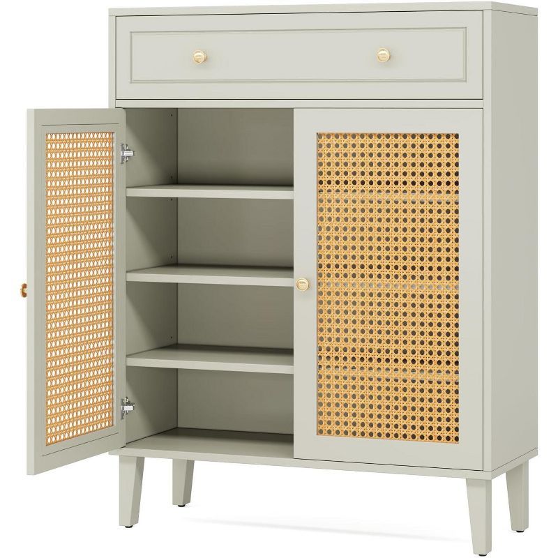 Mint Green Wooden Shoe Cabinet with Rattan Doors and Drawer